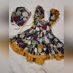 Girls Floral Twirl Dress With Bonnet